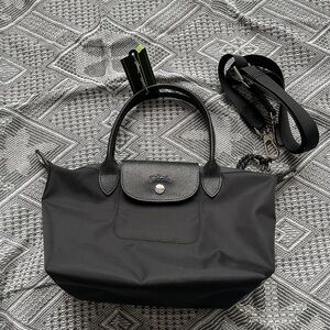 Longchamp Pliage Black Canvas Leather Tote Bag
